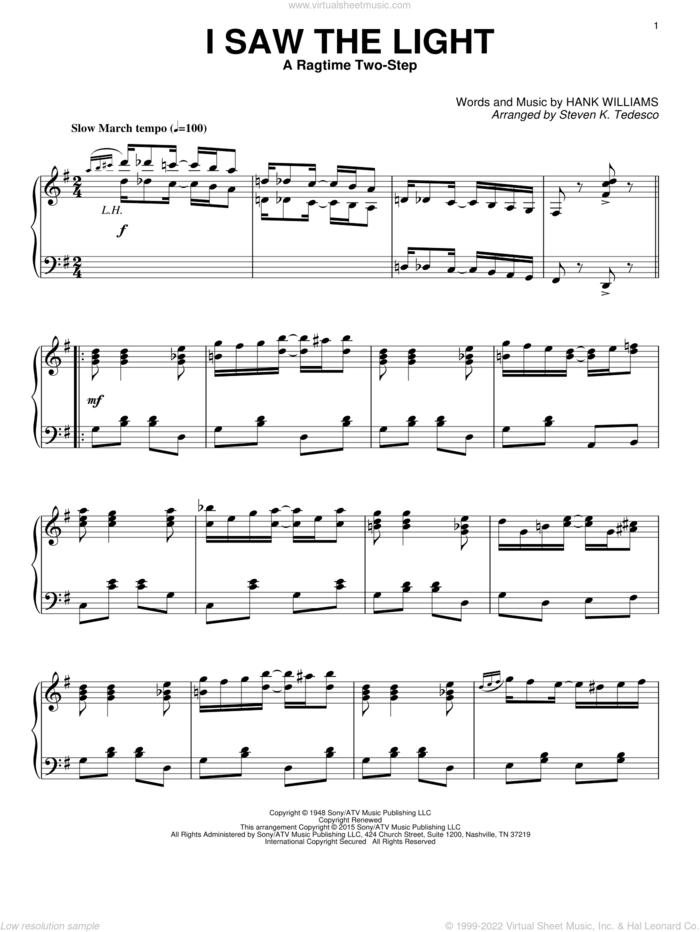 I Saw The Light (arr. Steven K. Tedesco) [Ragtime version] sheet music for piano solo by Hank Williams and Steven K. Tedesco, intermediate skill level