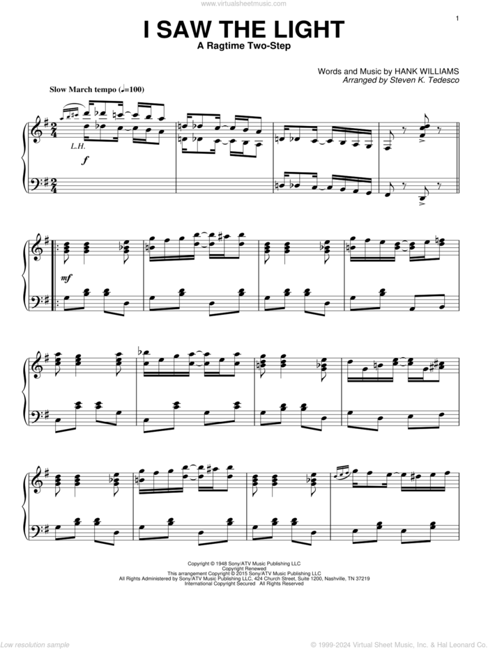 I Saw The Light (arr. Steven K. Tedesco) [Ragtime version] sheet music for piano solo by Hank Williams and Steven K. Tedesco, intermediate skill level