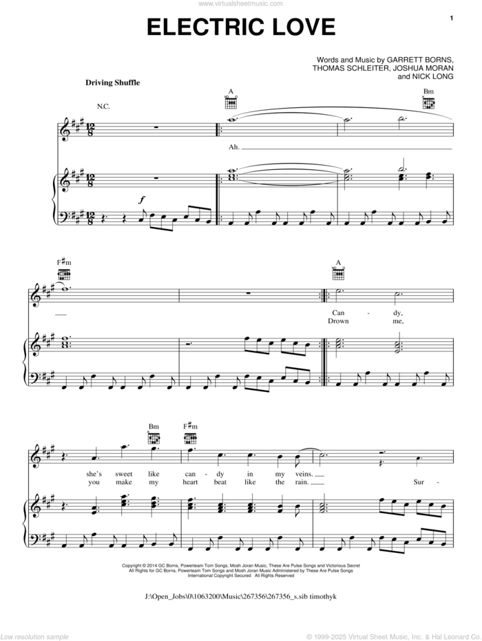 Electric Love sheet music for voice, piano or guitar by BORNS, Garrett Borns, Joshua Moran, Nick Long and Thomas Schleiter, intermediate skill level