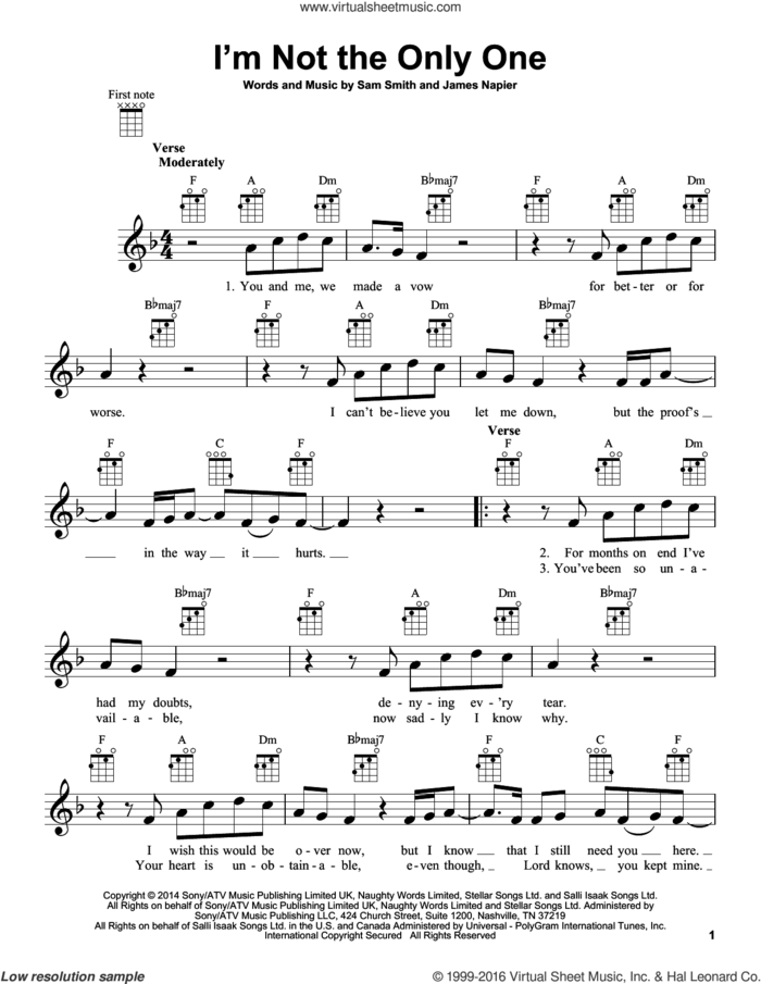 I'm Not The Only One sheet music for ukulele by Sam Smith and James Napier, intermediate skill level