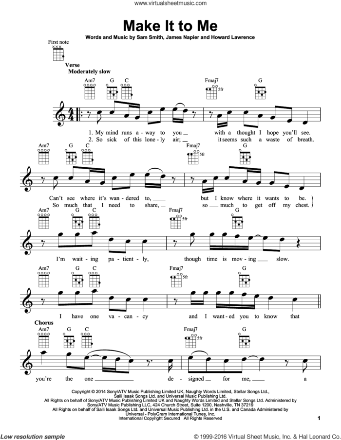 Make It To Me sheet music for ukulele by Sam Smith, Howard Lawrence and James Napier, intermediate skill level