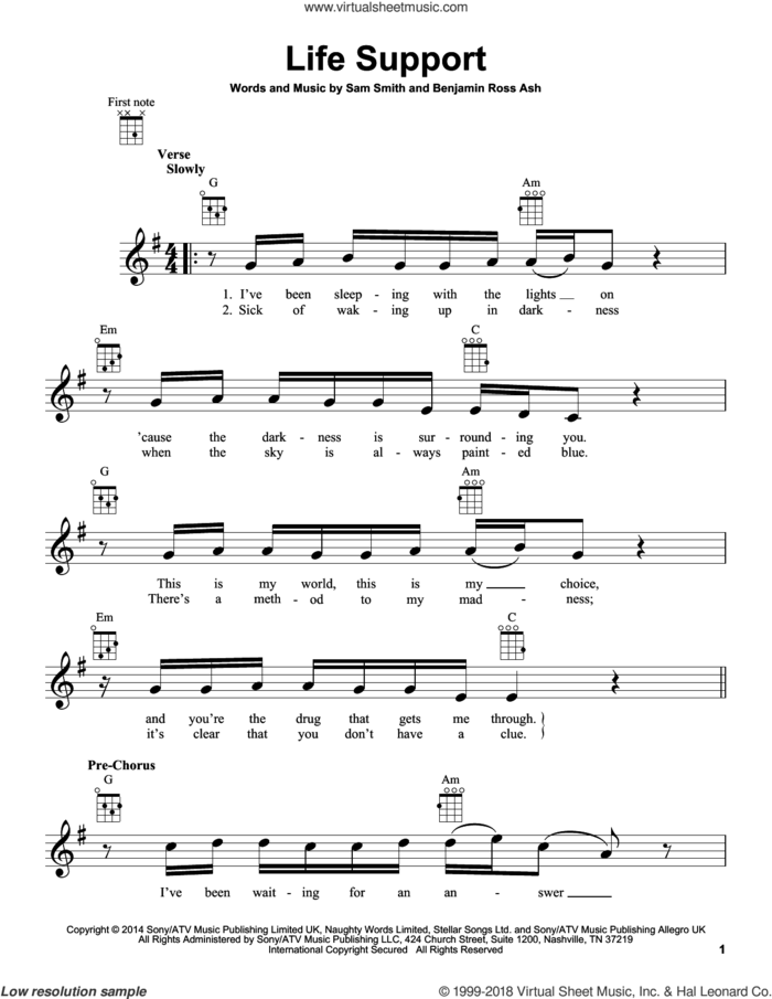 Life Support sheet music for ukulele by Sam Smith and Benjamin Ross Ash, intermediate skill level