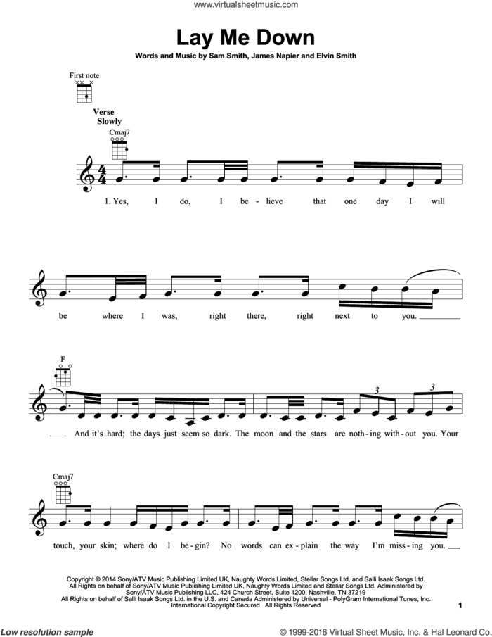 Lay Me Down sheet music for ukulele by Sam Smith, Elvin Smith and James Napier, intermediate skill level