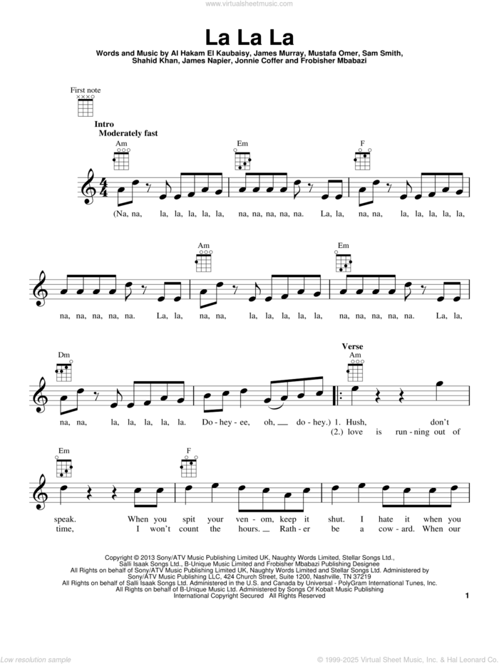 La La La sheet music for ukulele by Naughty Boy feat. Sam Smith, Al Hakam El Kaubaisy, Frobisher Mbabazi, James Murray, James Napier, Jonnie Coffer, Mustafa Omer, Sam Smith and Shahid Khan, intermediate skill level