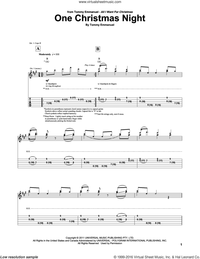 One Christmas Night sheet music for guitar (tablature) by Tommy Emmanuel, intermediate skill level