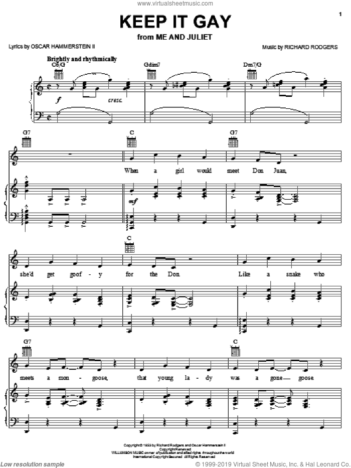 Keep It Gay sheet music for voice, piano or guitar by Rodgers & Hammerstein, Me And Juliet (Musical), Oscar II Hammerstein and Richard Rodgers, intermediate skill level