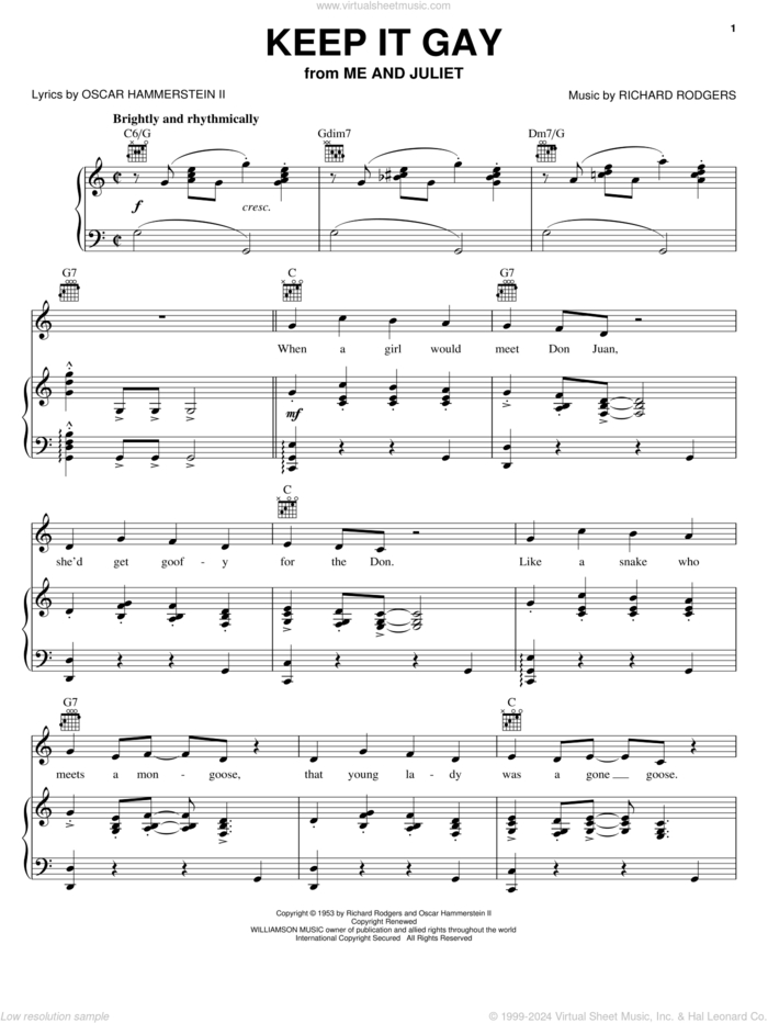 Keep It Gay sheet music for voice, piano or guitar by Rodgers & Hammerstein, Me And Juliet (Musical), Oscar II Hammerstein and Richard Rodgers, intermediate skill level