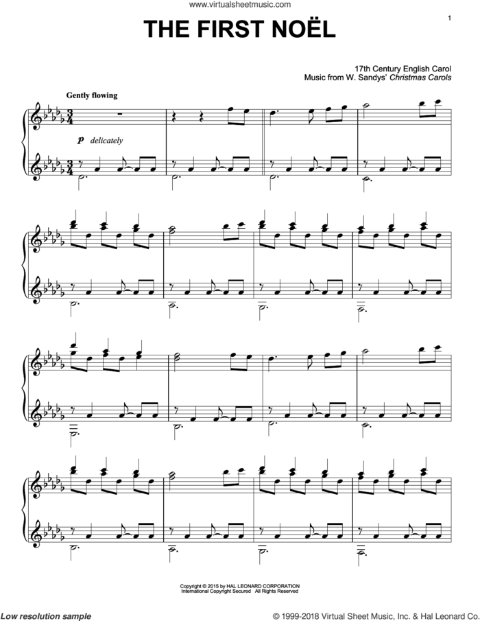 The First Noel sheet music for piano solo by W. Sandys' Christmas Carols, intermediate skill level