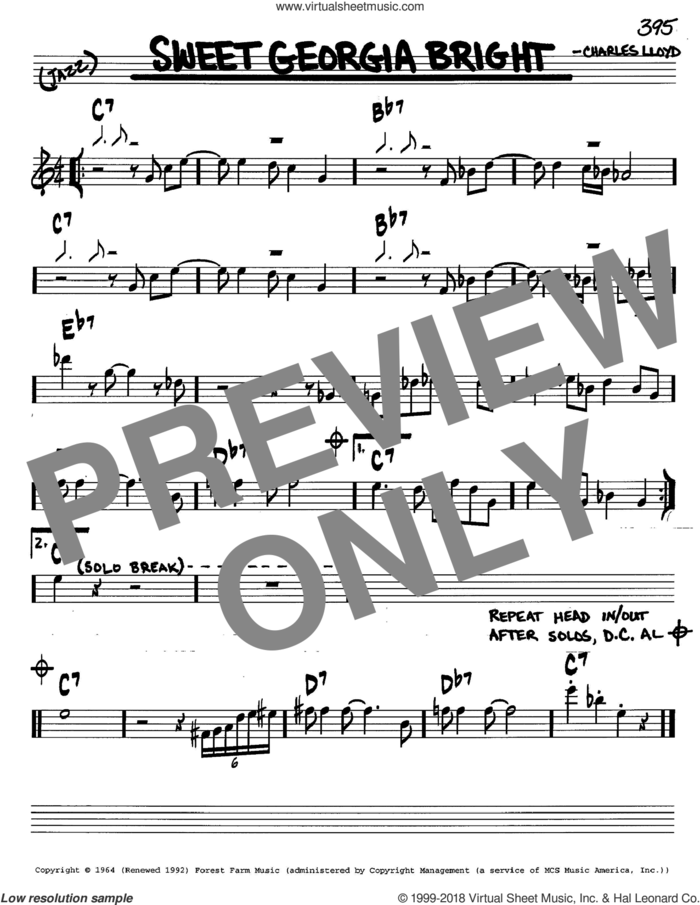 Sweet Georgia Bright sheet music for voice and other instruments (in C) by Charles Lloyd, intermediate skill level
