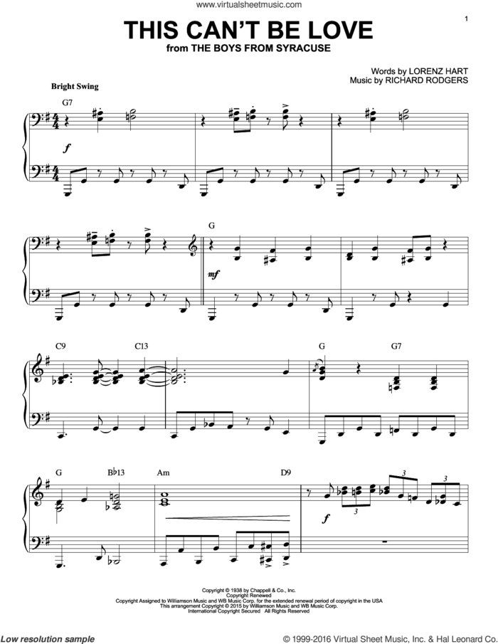 This Can't Be Love [Jazz version] (arr. Brent Edstrom) sheet music for piano solo by Rodgers & Hart, Lorenz Hart and Richard Rodgers, intermediate skill level