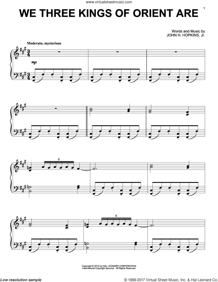 We Three Kings Of Orient Are sheet music for piano solo by John H. Hopkins, Jr., intermediate skill level