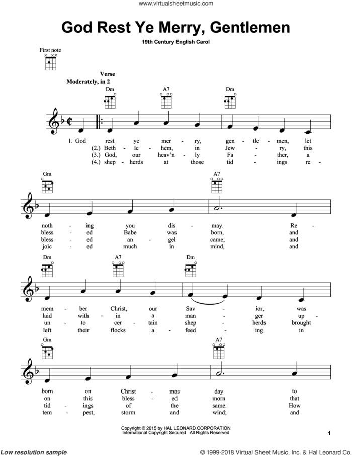 God Rest Ye Merry, Gentlemen sheet music for ukulele by Anonymous and 19th Century English Carol, intermediate skill level