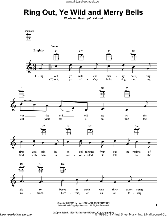 Ring Out, Ye Wild And Merry Bells sheet music for ukulele by C. Maitland, intermediate skill level
