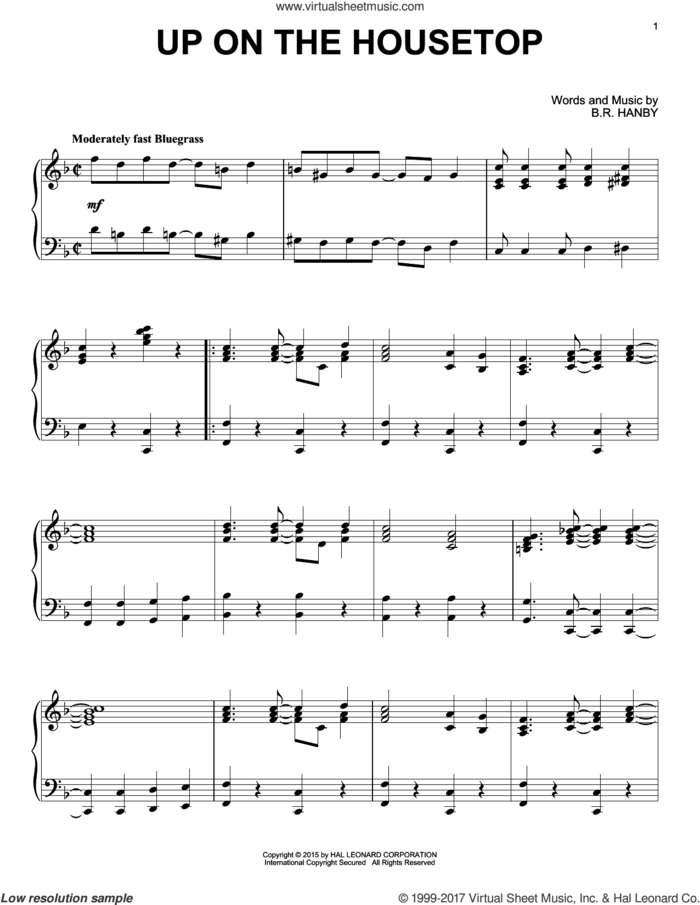 Up On The Housetop, (intermediate) sheet music for piano solo by Benjamin Hanby, intermediate skill level