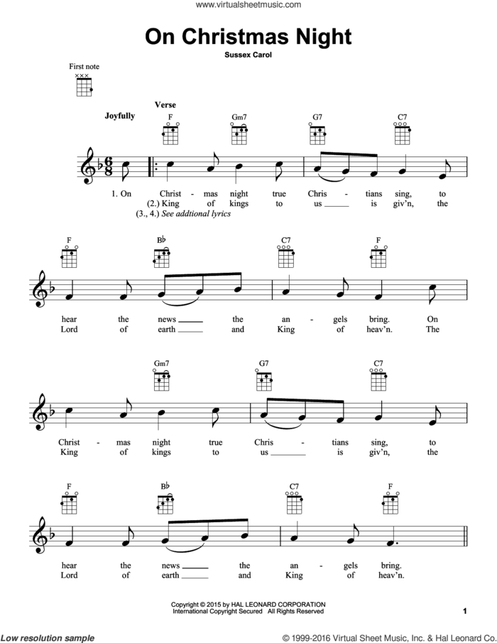 On Christmas Night sheet music for ukulele, intermediate skill level