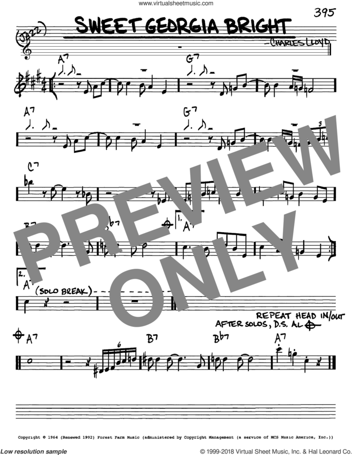 Sweet Georgia Bright sheet music for voice and other instruments (in Eb) by Charles Lloyd, intermediate skill level