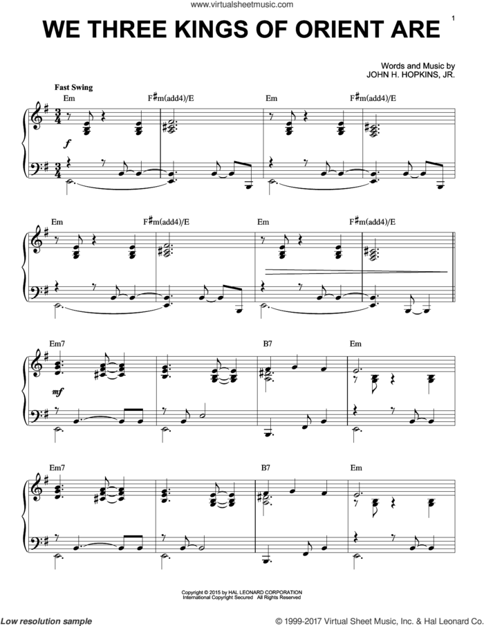 We Three Kings Of Orient Are [Jazz version] (arr. Brent Edstrom) sheet music for piano solo by John H. Hopkins, Jr., intermediate skill level