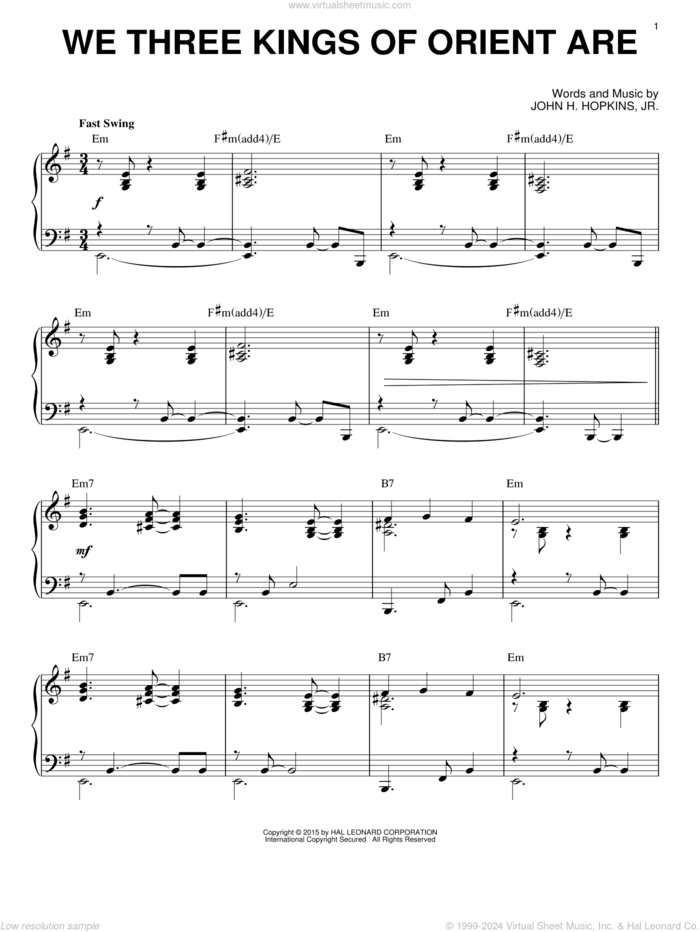 We Three Kings Of Orient Are [Jazz version] (arr. Brent Edstrom) sheet music for piano solo by John H. Hopkins, Jr., intermediate skill level