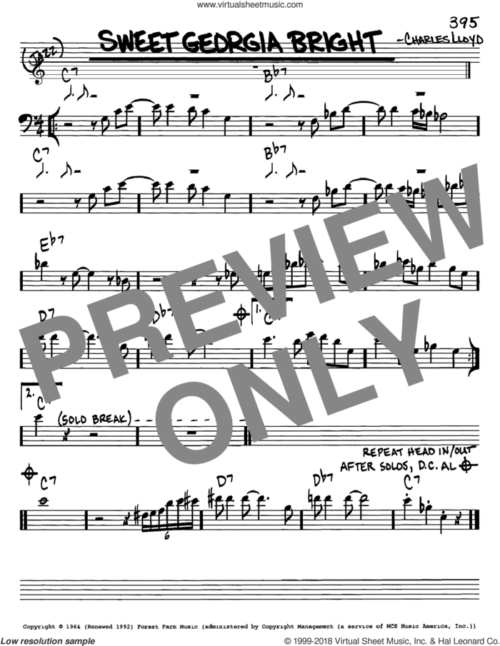 Sweet Georgia Bright sheet music for voice and other instruments (bass clef) by Charles Lloyd, intermediate skill level