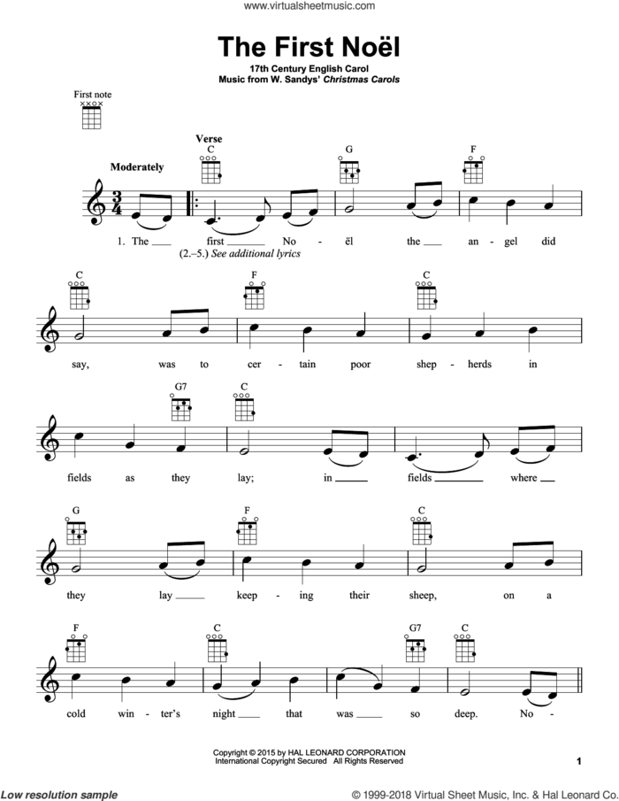The First Noel sheet music for ukulele by W. Sandys' Christmas Carols, intermediate skill level
