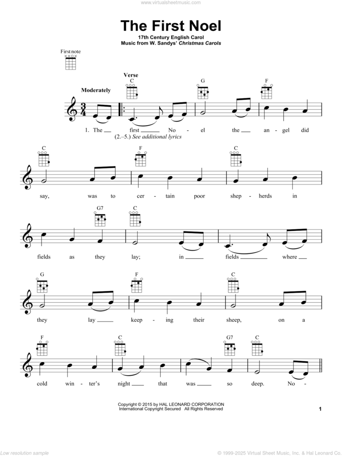 The First Noel sheet music for ukulele by W. Sandys' Christmas Carols, intermediate skill level