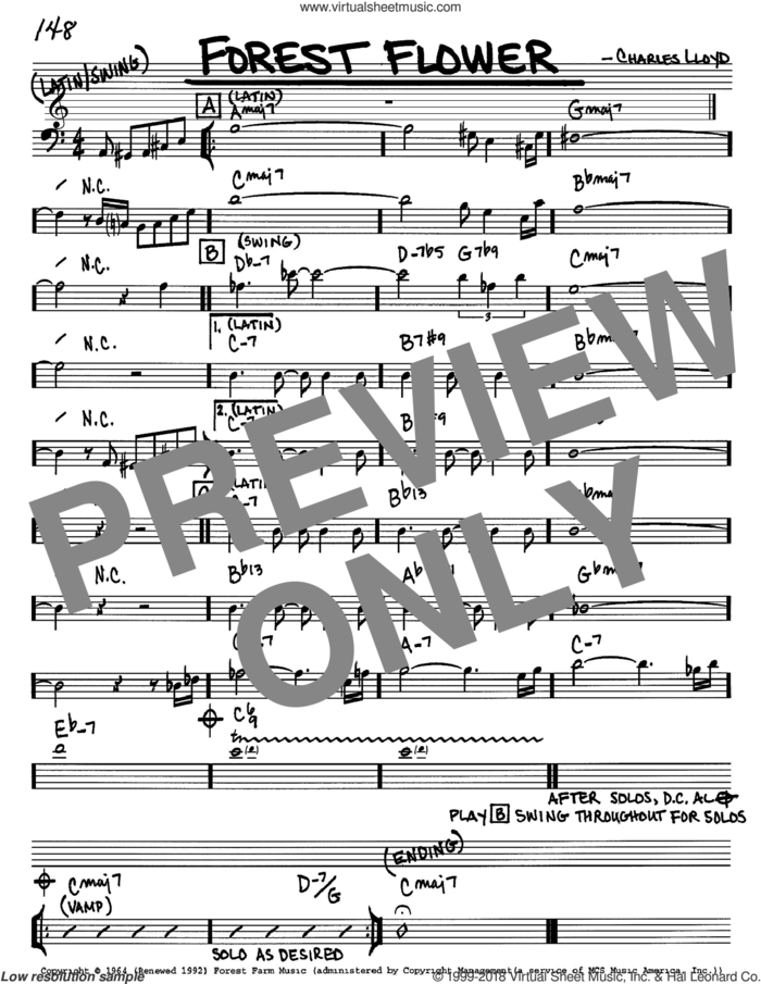 Forest Flower sheet music for voice and other instruments (bass clef) by Charles Lloyd, intermediate skill level