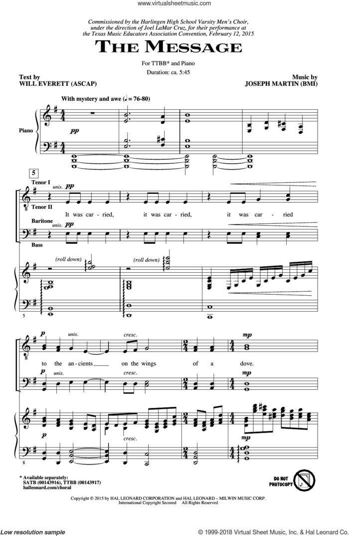 The Message sheet music for choir (TTBB: tenor, bass) by Joseph M. Martin and Will Everett, intermediate skill level