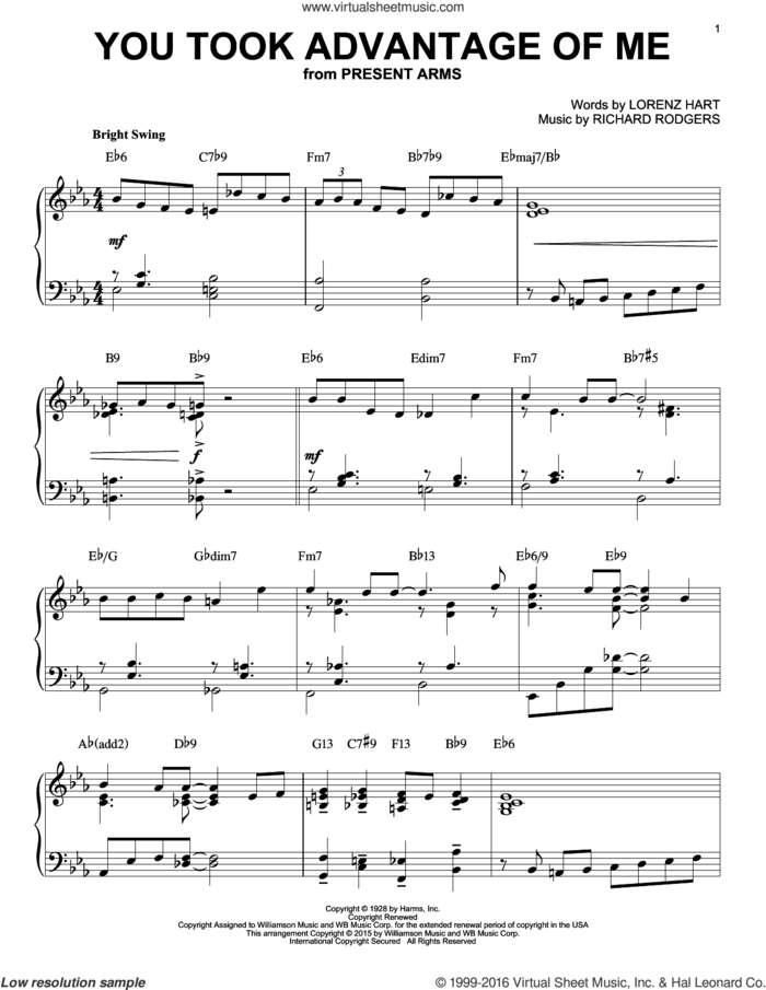 You Took Advantage Of Me [Jazz version] (arr. Brent Edstrom) sheet music for piano solo by Rodgers & Hart, Lorenz Hart and Richard Rodgers, intermediate skill level