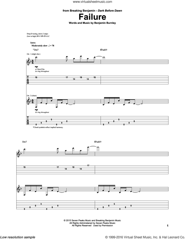 Failure sheet music for guitar (tablature) by Breaking Benjamin and Benjamin Burnley, intermediate skill level