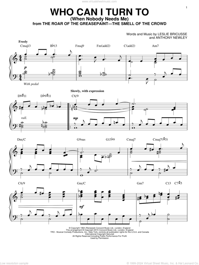 Who Can I Turn To (When Nobody Needs Me) [Jazz version] (arr. Brent Edstrom) sheet music for piano solo by Leslie Bricusse and Anthony Newley, intermediate skill level