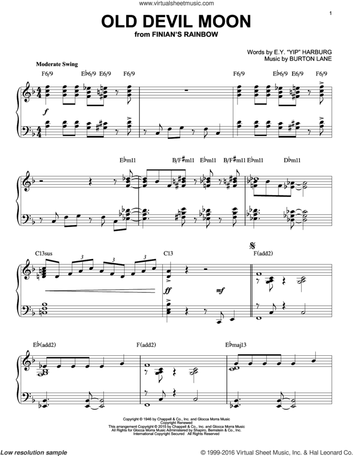Old Devil Moon [Jazz version] (arr. Brent Edstrom) sheet music for piano solo by Burton Lane and E.Y. Harburg, intermediate skill level