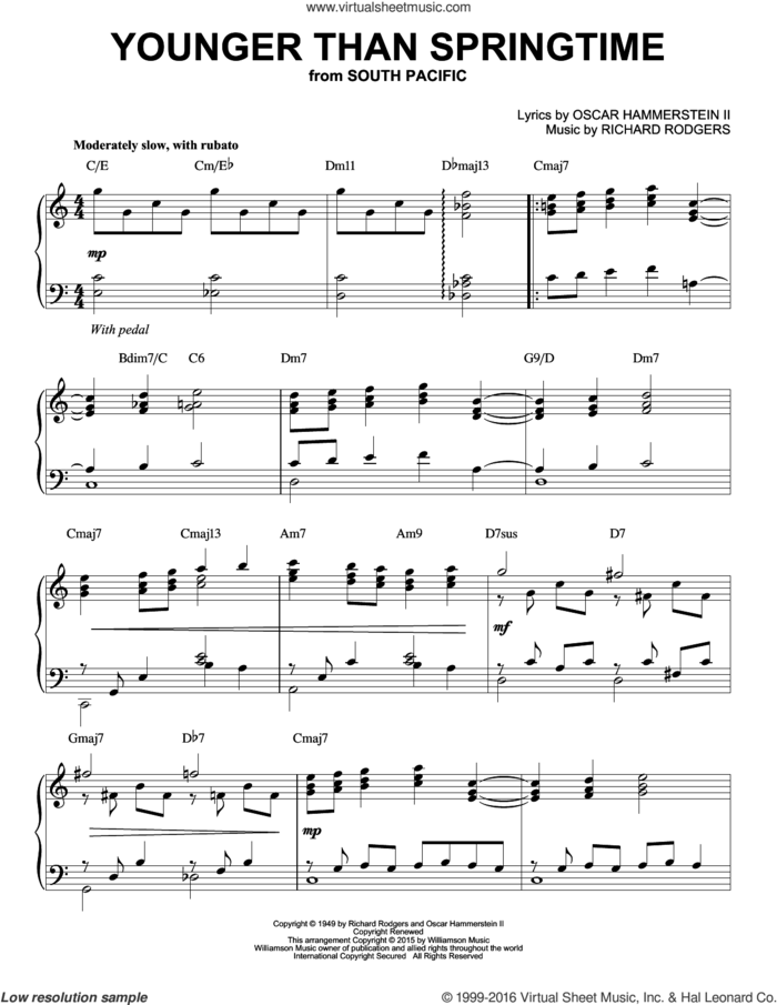 Younger Than Springtime [Jazz version] (arr. Brent Edstrom) sheet music for piano solo by Rodgers & Hammerstein, Gordon MacRae, Stan Kenton, Oscar II Hammerstein and Richard Rodgers, intermediate skill level
