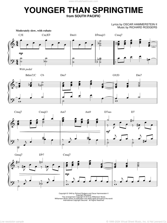 Younger Than Springtime [Jazz version] (arr. Brent Edstrom) sheet music for piano solo by Rodgers & Hammerstein, Gordon MacRae, Stan Kenton, Oscar II Hammerstein and Richard Rodgers, intermediate skill level