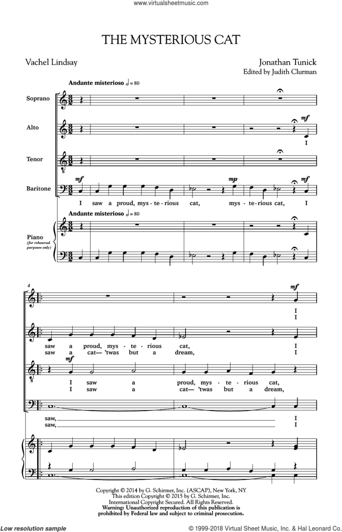 The Mysterious Cat sheet music for choir (SATB: soprano, alto, tenor, bass) by Jonathan Tunick, intermediate skill level