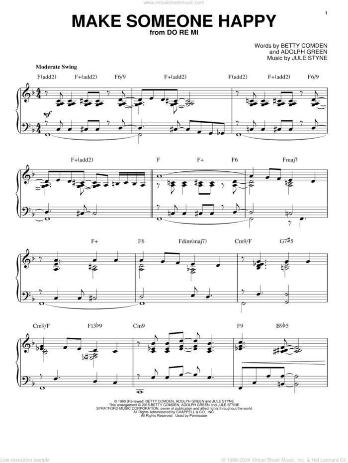 Make Someone Happy [Jazz version] (from Do Re Mi) (arr. Brent Edstrom) sheet music for piano solo by Adolph Green, Betty Comden and Jule Styne, intermediate skill level