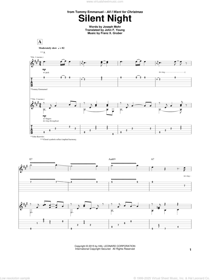 Silent Night sheet music for guitar (tablature) by Tommy Emmanuel and Franz Gruber, intermediate skill level