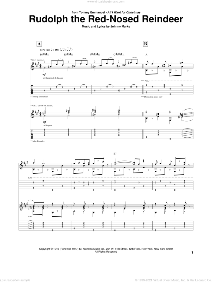 Rudolph The Red-Nosed Reindeer sheet music for guitar (tablature) by Tommy Emmanuel, John Denver and Johnny Marks, intermediate skill level