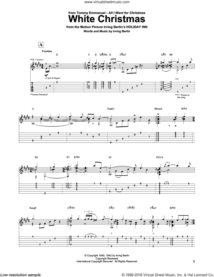 White Christmas sheet music for guitar (tablature) by Tommy Emmanuel and Irving Berlin, intermediate skill level