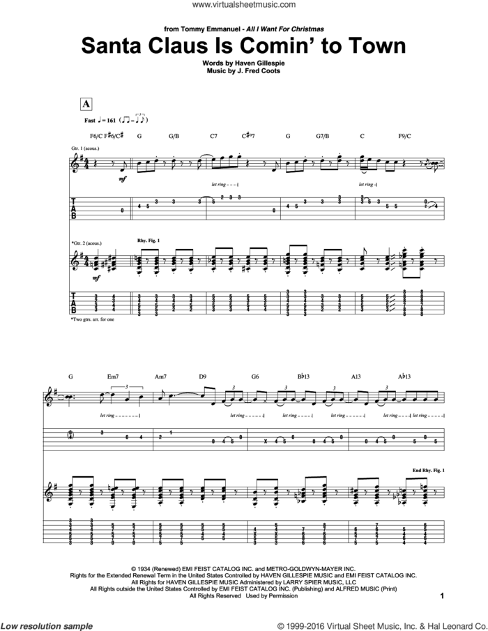 Santa Claus Is Comin' To Town sheet music for guitar (tablature) by Tommy Emmanuel and J. Fred Coots, intermediate skill level