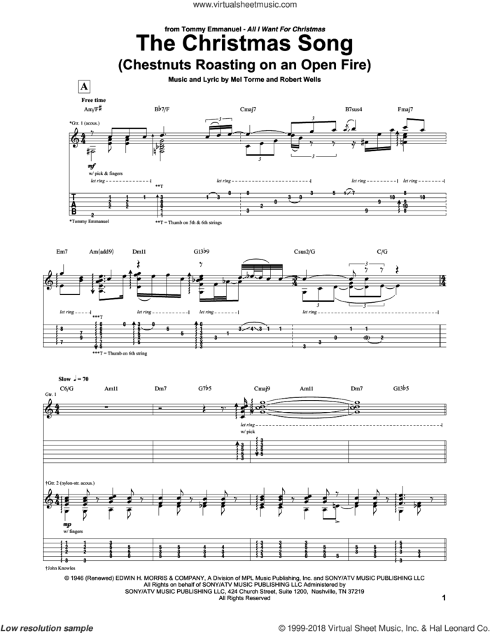 The Christmas Song (Chestnuts Roasting On An Open Fire) sheet music for guitar (tablature) by Tommy Emmanuel, King Cole Trio, Mel TormA�A� and Mel Torme and Mel Torme, intermediate skill level