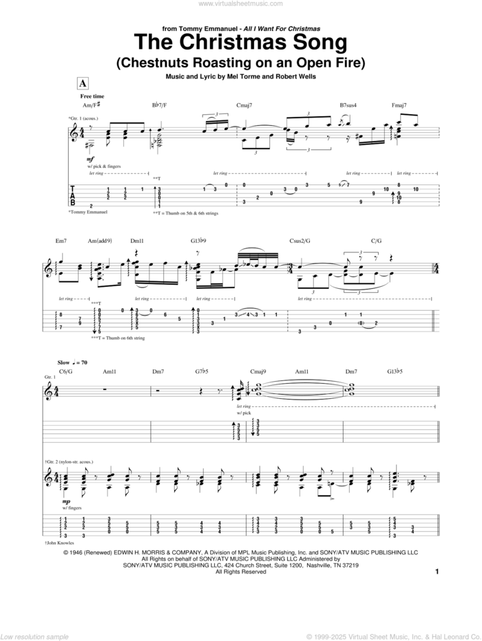 The Christmas Song (Chestnuts Roasting On An Open Fire) sheet music for guitar (tablature) by Tommy Emmanuel, King Cole Trio, Mel TormAA and Mel Torme and Mel Torme, intermediate skill level