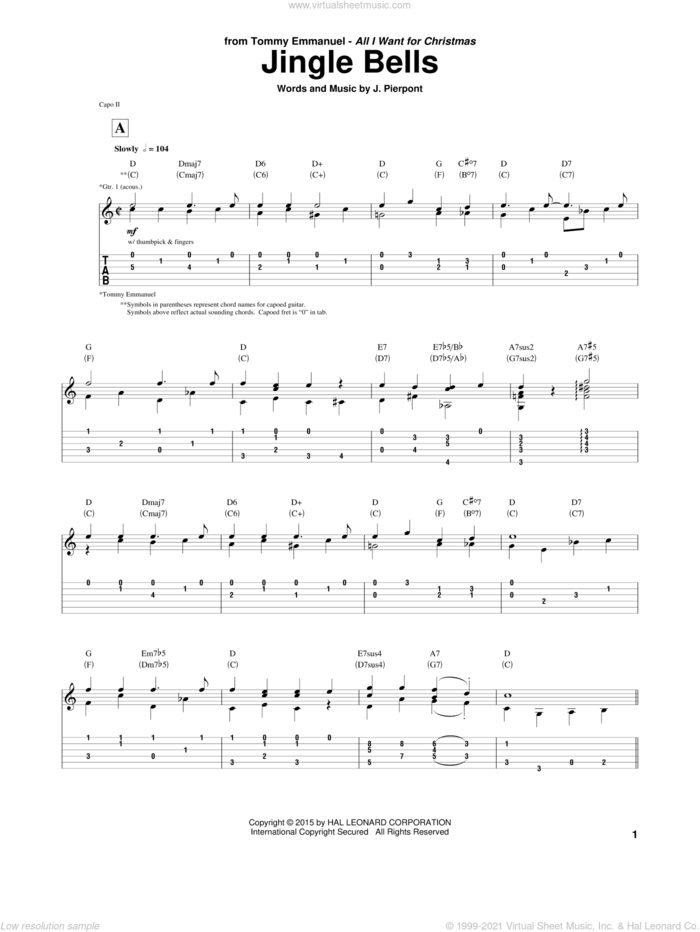 Jingle Bells sheet music for guitar (tablature) by Tommy Emmanuel and James Pierpont, intermediate skill level