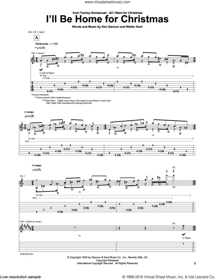 I'll Be Home For Christmas sheet music for guitar (tablature) by Tommy Emmanuel, intermediate skill level