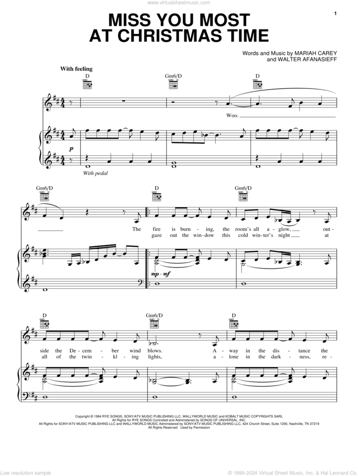 Miss You Most At Christmas Time sheet music for voice, piano or guitar by Mariah Carey and Walter Afanasieff, intermediate skill level