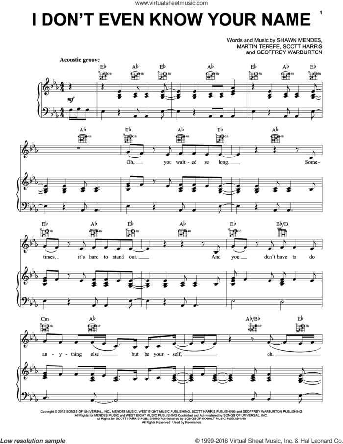 I Don't Even Know Your Name sheet music for voice, piano or guitar by Shawn Mendes, Geoffrey Warburton, Martin Terefe and Scott Harris, intermediate skill level