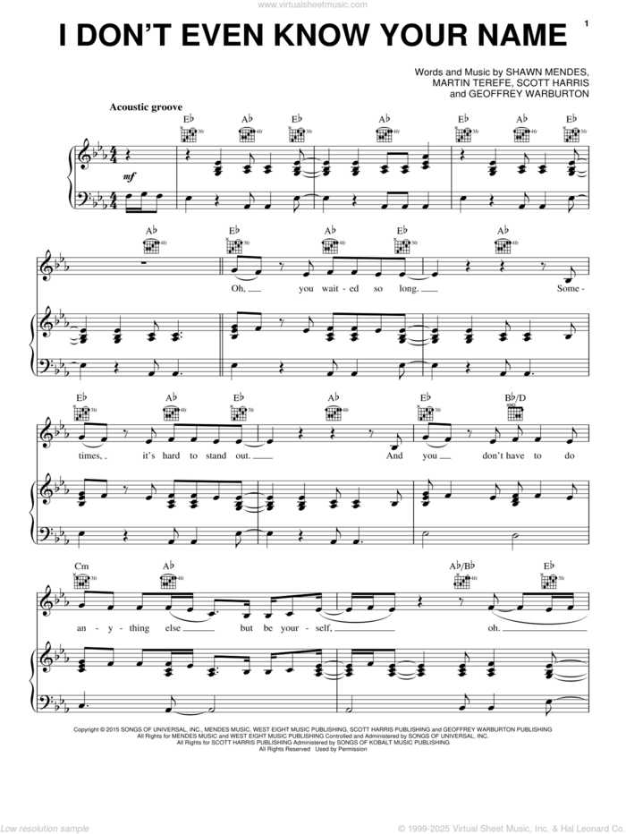 I Don't Even Know Your Name sheet music for voice, piano or guitar by Shawn Mendes, Geoffrey Warburton, Martin Terefe and Scott Harris, intermediate skill level