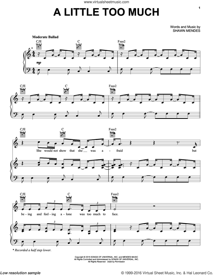 A Little Too Much sheet music for voice, piano or guitar by Shawn Mendes, intermediate skill level