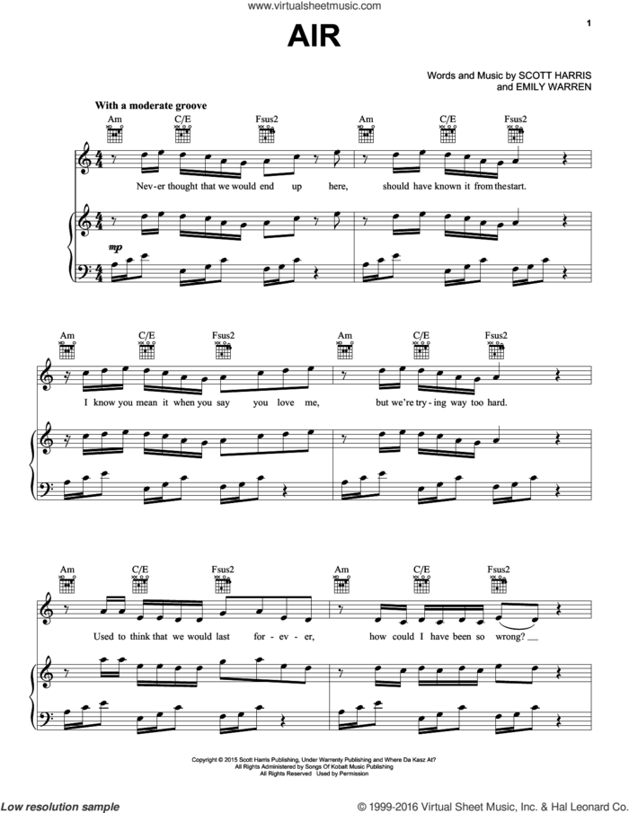 Air sheet music for voice, piano or guitar by Shawn Mendes featuring Astrid, Shawn Mendes, Emily Warren and Scott Harris, intermediate skill level