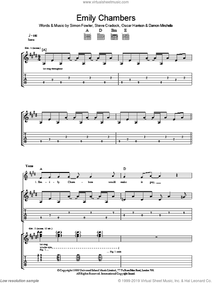 Emily Chambers sheet music for guitar (tablature) by Ocean Colour Scene, Damon Minchella, Oscar Harrison, Simon Fowler and Steve Cradock, intermediate skill level