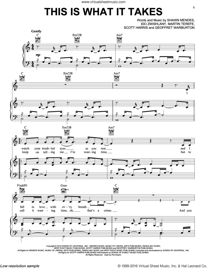This Is What It Takes sheet music for voice, piano or guitar by Shawn Mendes, Geoffrey Warburton, Ido Zmishlany, Martin Terefe and Scott Harris, intermediate skill level